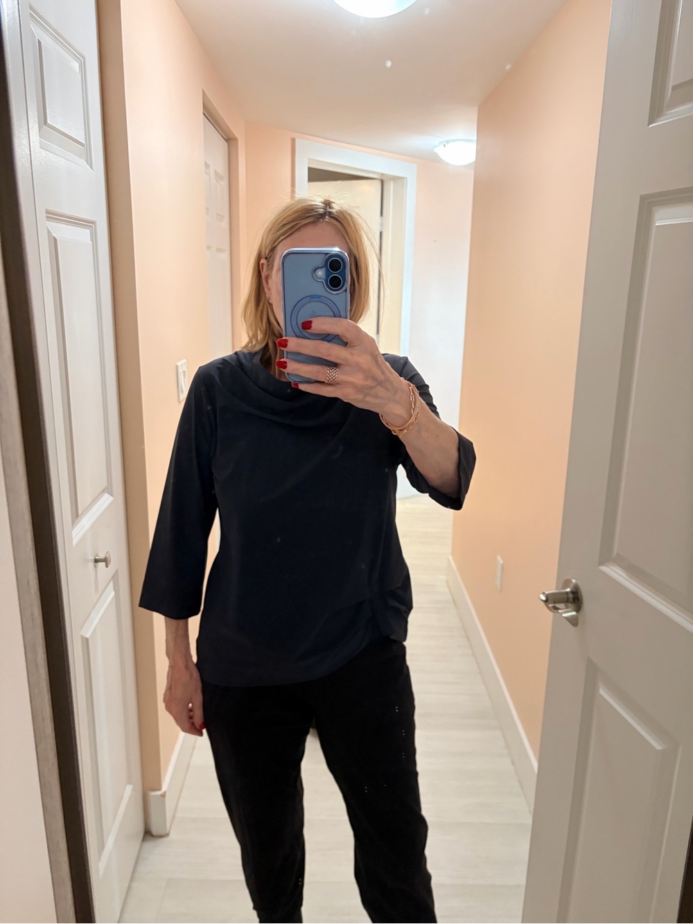 Women's Navy Blue 3/4 Sleeve Cowl Neck Porto Top